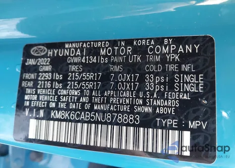 2022 Hyundai Kona Sel из США, поврежденный, VIN KM8K6CAB5NU878883